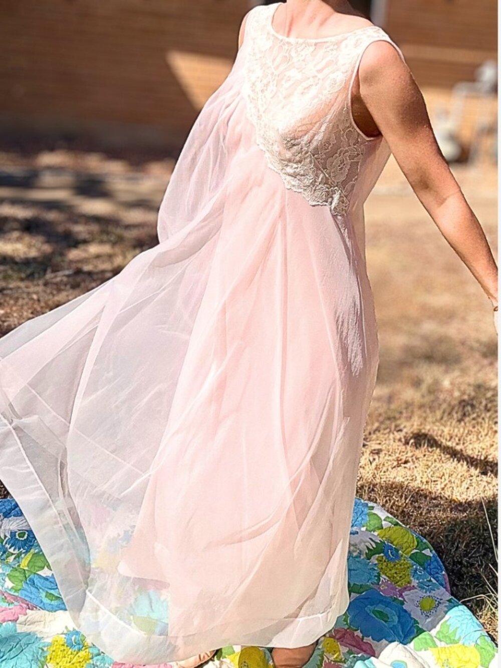 Vintage Pink Slip Maxi Dress Medium Semi Sheer Cream Lace USA Made Balletcore